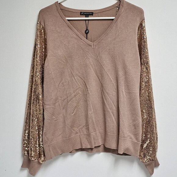 Adrianna Papell Sweaters - Adrianna Papell Large Antique Rose Long Sequin Sleeve V-Neck Sweater New $89